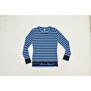 Karl Lagerfeld Sweater Womens Large Blue Black Striped Long Sleeve Pullover Logo